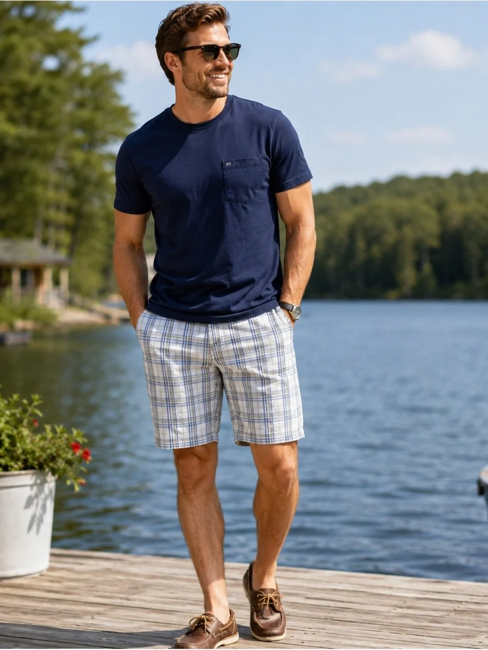 Old Navy Plaid Chino Shorts Men’s Size 33 Blue Green White Cotton Casual